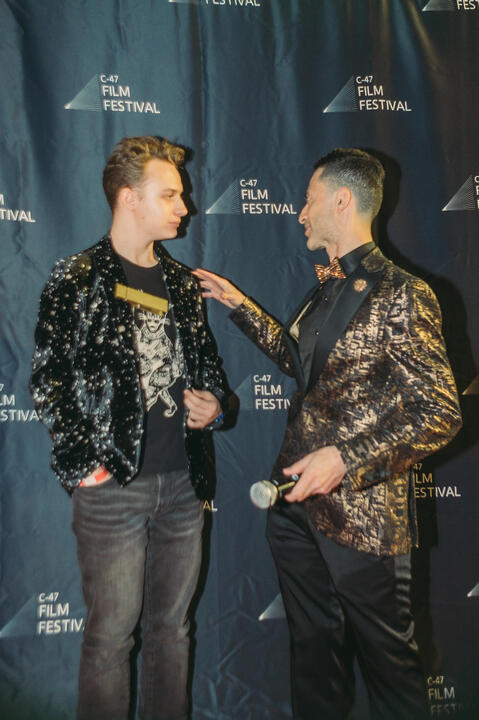 JoJo Scanlon being interviewed by JC Rubio following the C-47 Film Festival award show