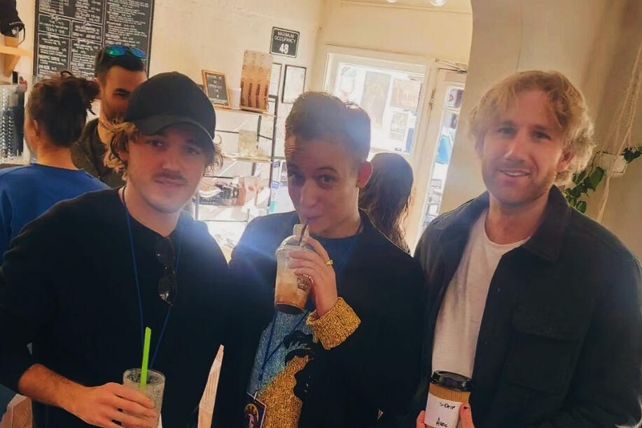 JoJo Scanlon having coffee with Mathis Tayssier and Alec Huggins at the Dam Short Film Festival