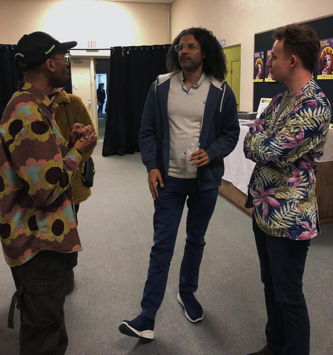JoJo Scanlon talking with Krushian Naik and Calvin Crawford before the "BRUTUS" screening at the Dam Short Film Festival